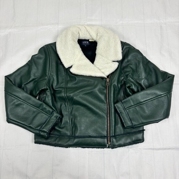 Levi's Jackets & Blazers - Levi’s Women’s Green Vegan Leather Sherpa Crop Moto Jacket Size Large.